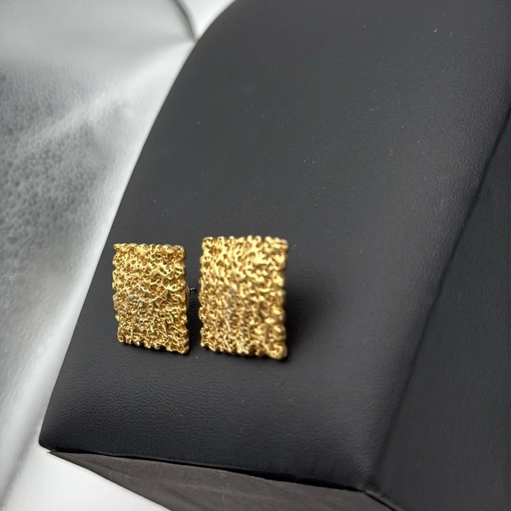 Gold tone square nugget statement bold classic pierced earrings designer vibes